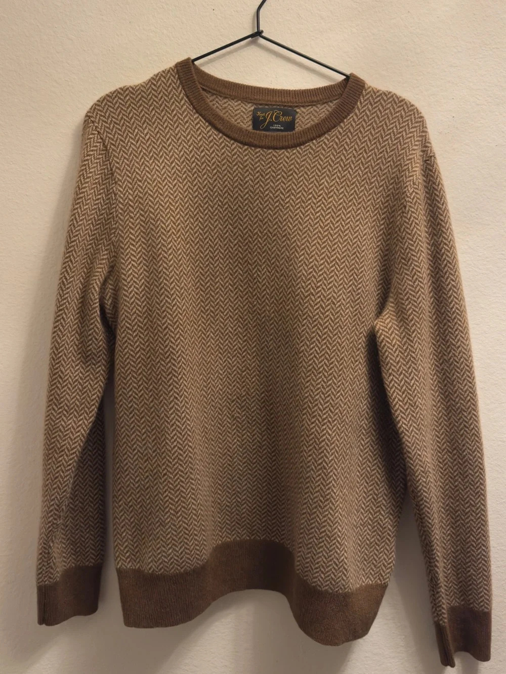J. Crew Men's Tan Herringbone 100% Cashmere Crewneck Sweater